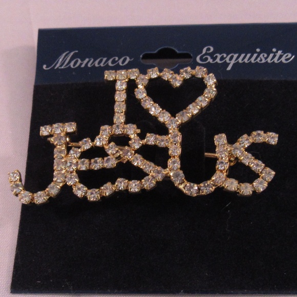 I Love Jesus Gold Tone Crystal Rhinestone Brooch - Picture 3 of 3
